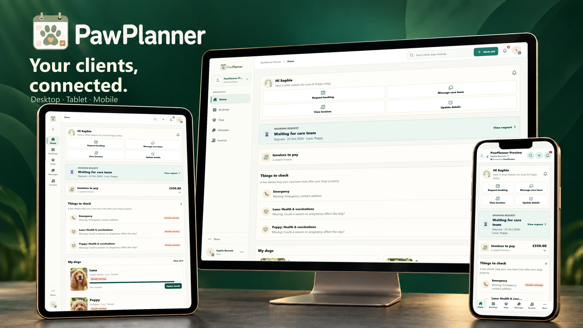 The client app in the actual PawPlanner app on desktop, tablet and mobile