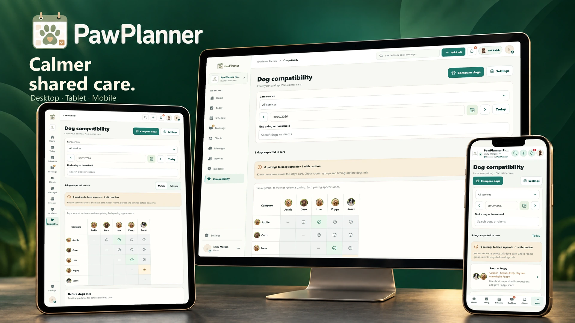 Dog compatibility in the actual PawPlanner app on desktop, tablet and mobile