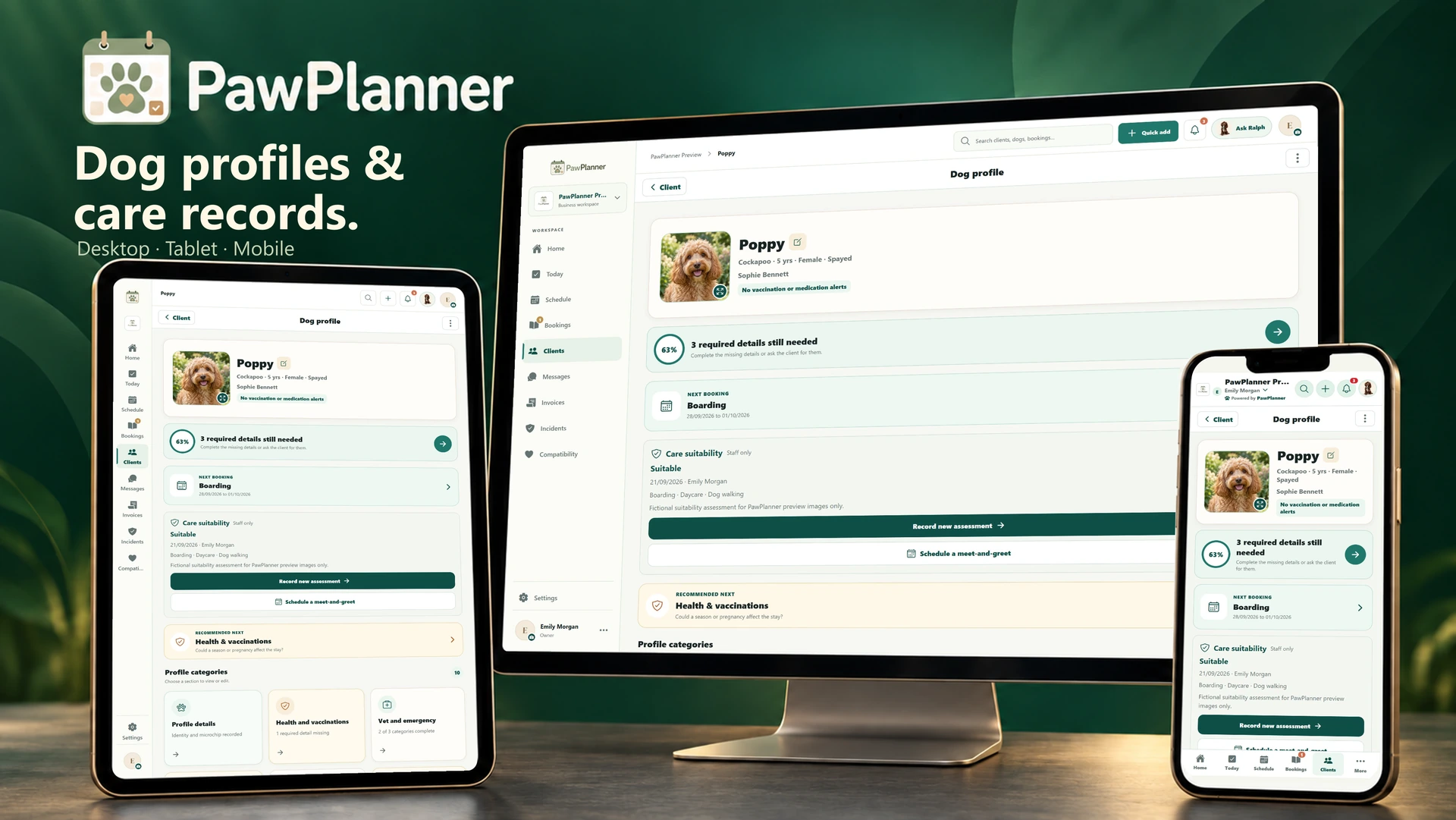 Dog profiles & health records in the actual PawPlanner app on desktop, tablet and mobile
