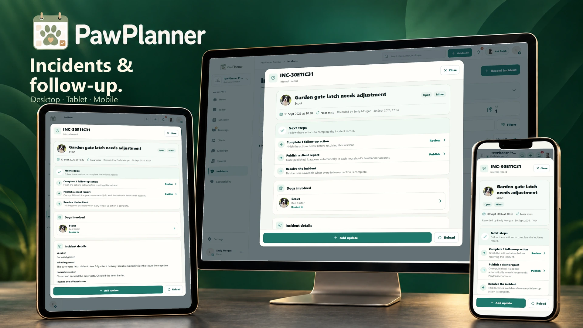 Incident records & follow-up in the actual PawPlanner app on desktop, tablet and mobile