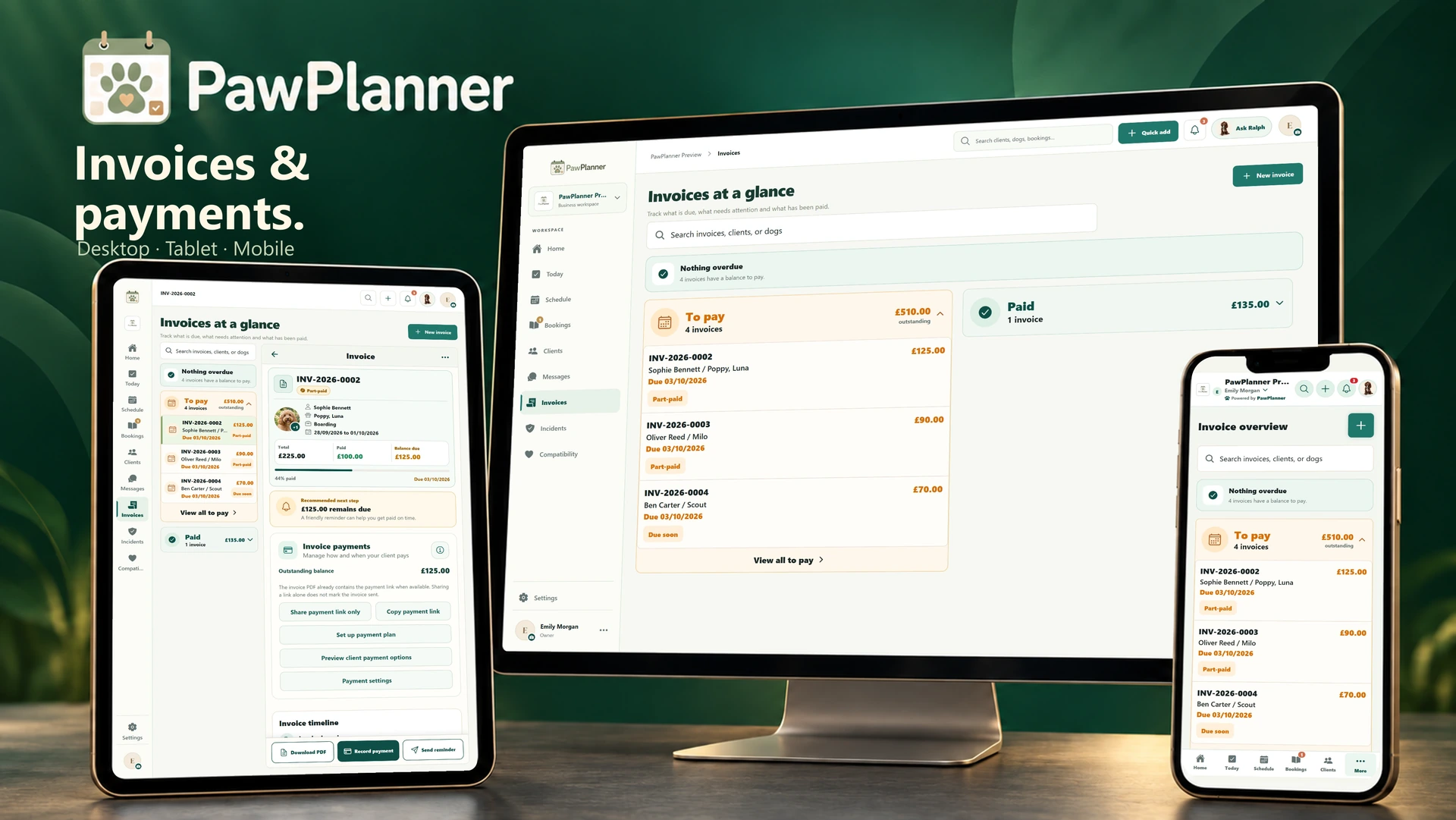 Invoices & payments in the actual PawPlanner app on desktop, tablet and mobile