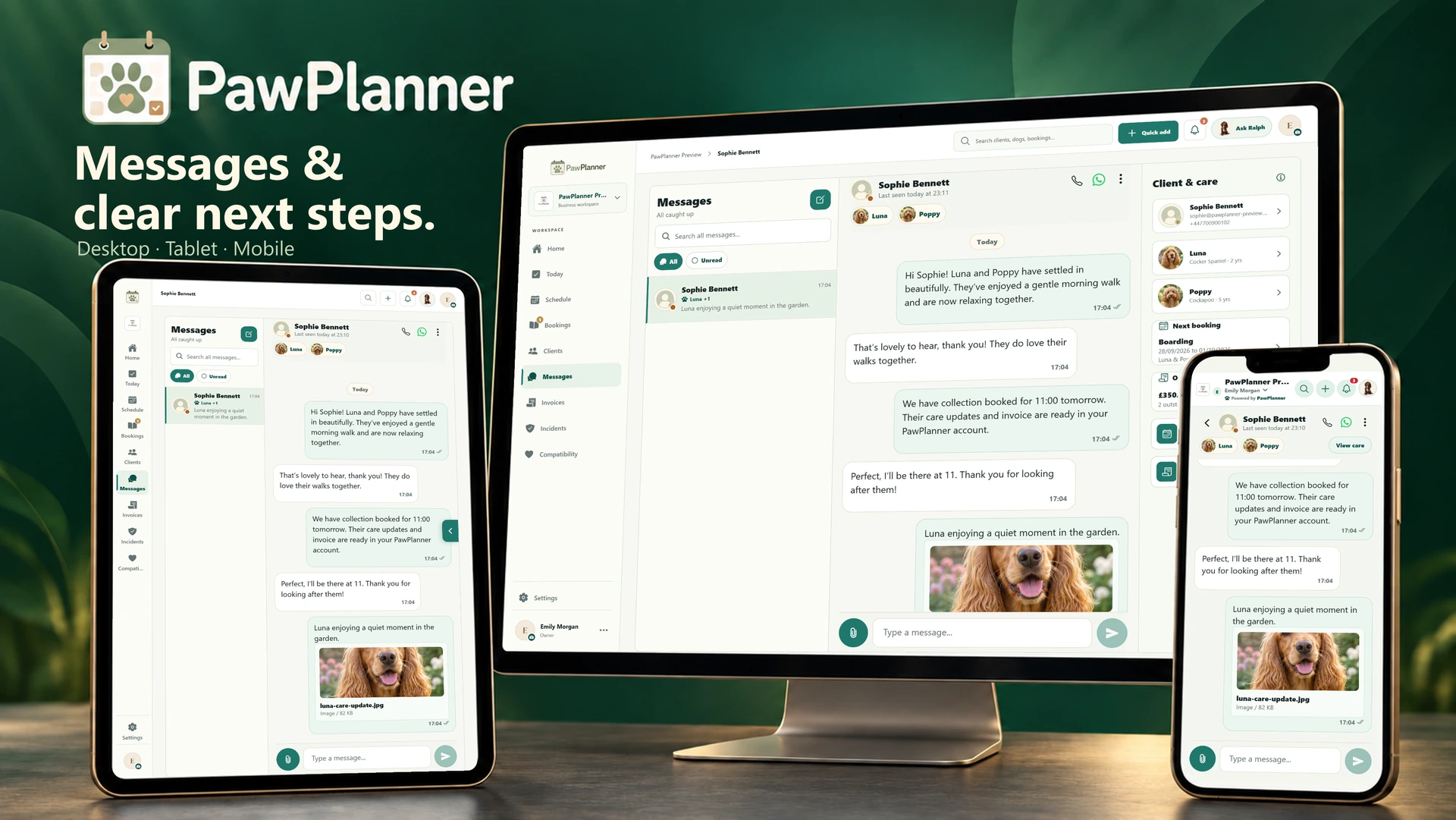 Messaging & notifications in the actual PawPlanner app on desktop, tablet and mobile