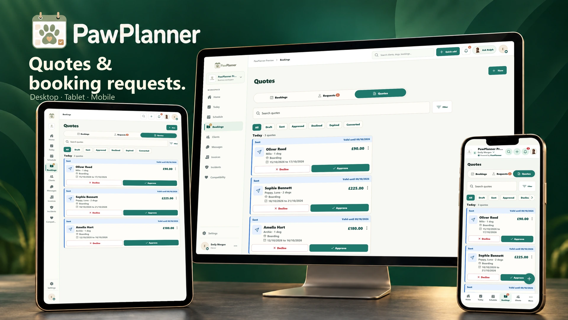 Quotes & booking requests in the actual PawPlanner app on desktop, tablet and mobile