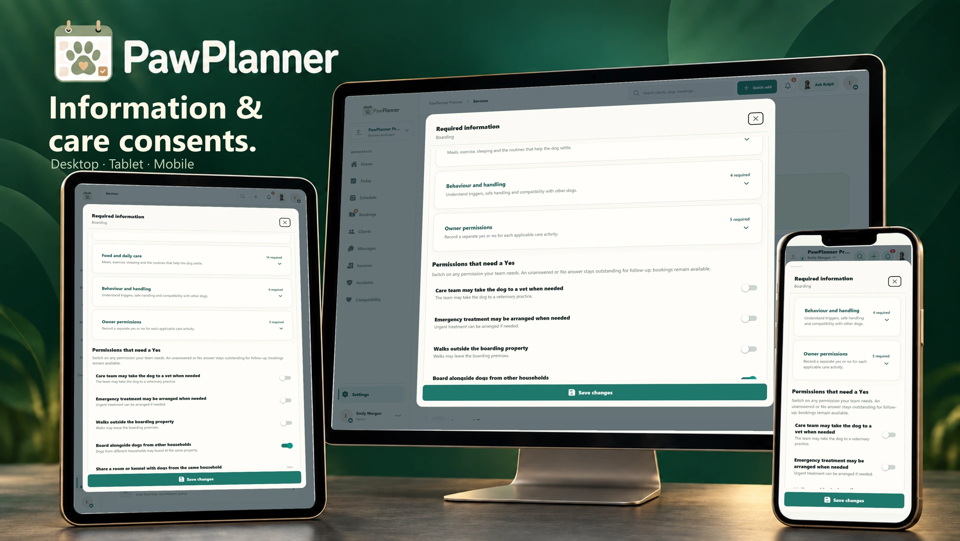 Required information & consents in the actual PawPlanner app on desktop, tablet and mobile