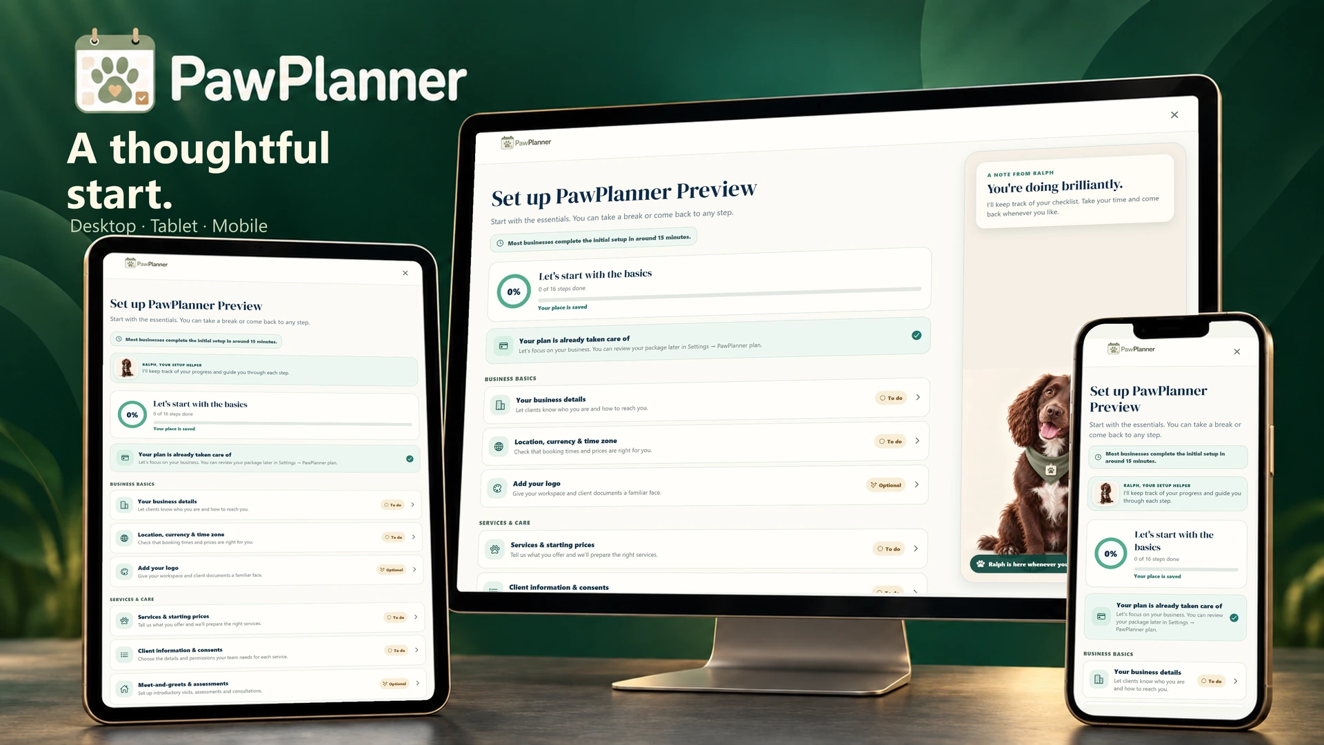 Setup & integrations in the actual PawPlanner app on desktop, tablet and mobile