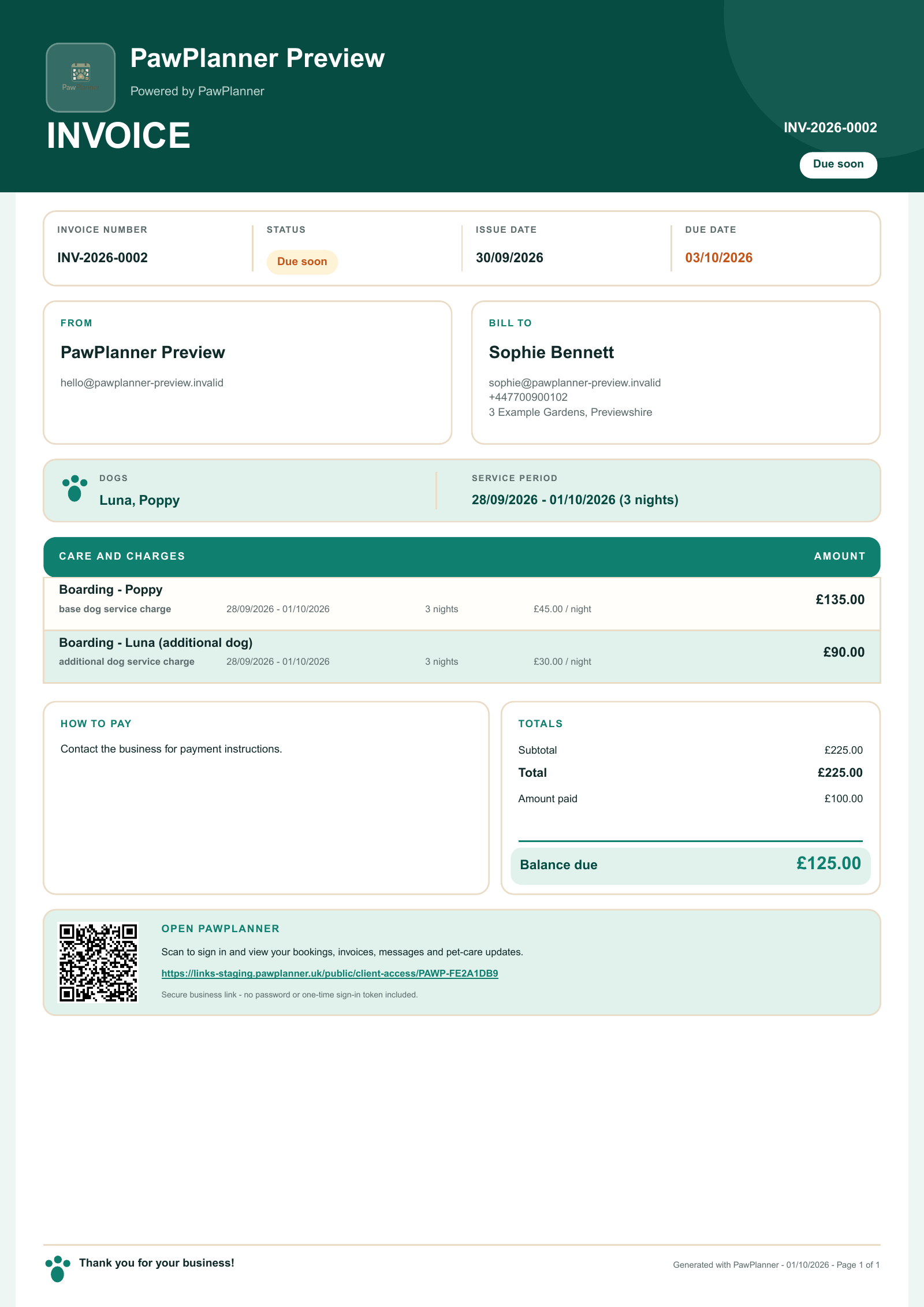 First page of an actual PawPlanner boarding · part payment invoice, using fictional preview data