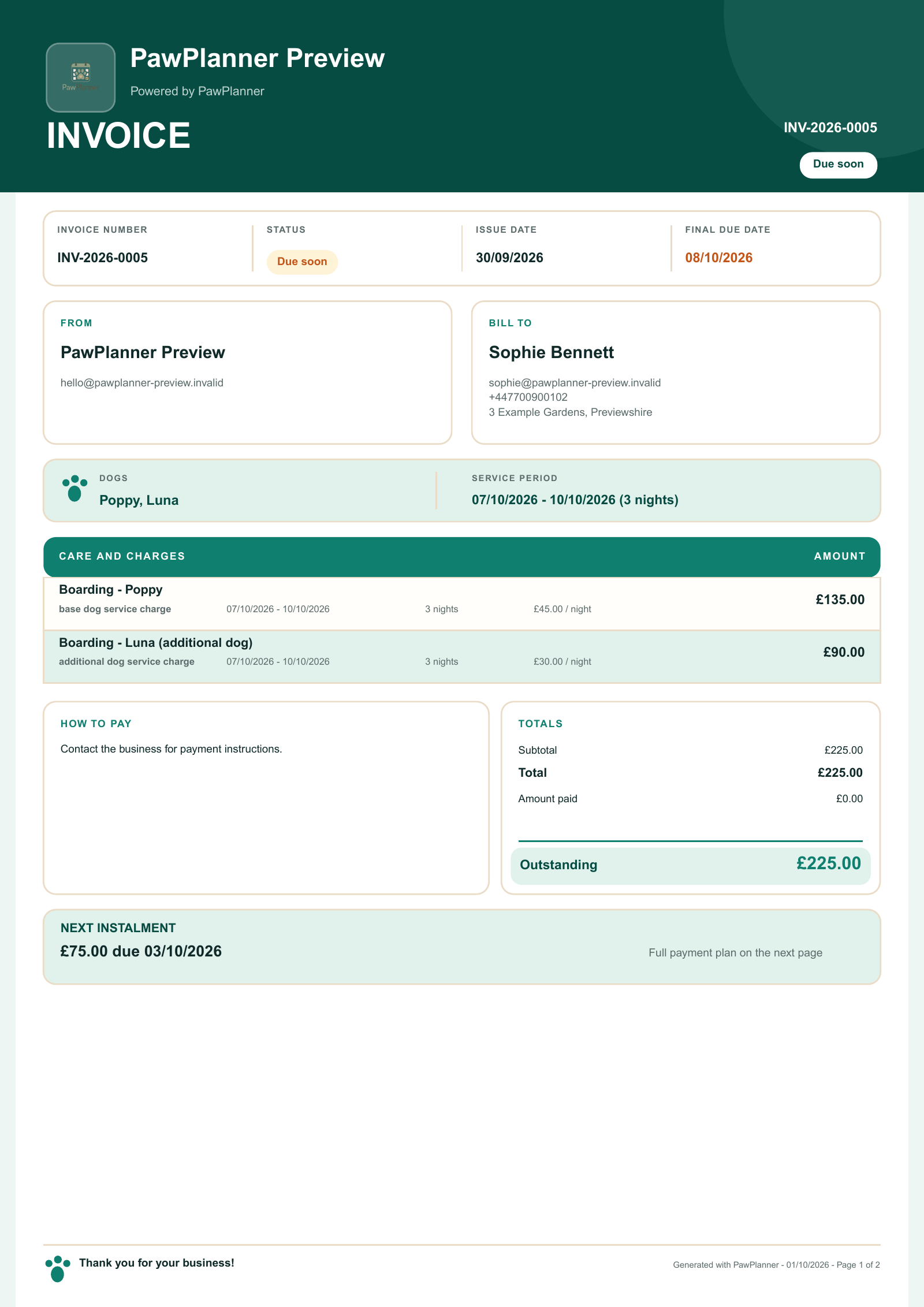 First page of an actual PawPlanner deposit & instalments invoice, using fictional preview data