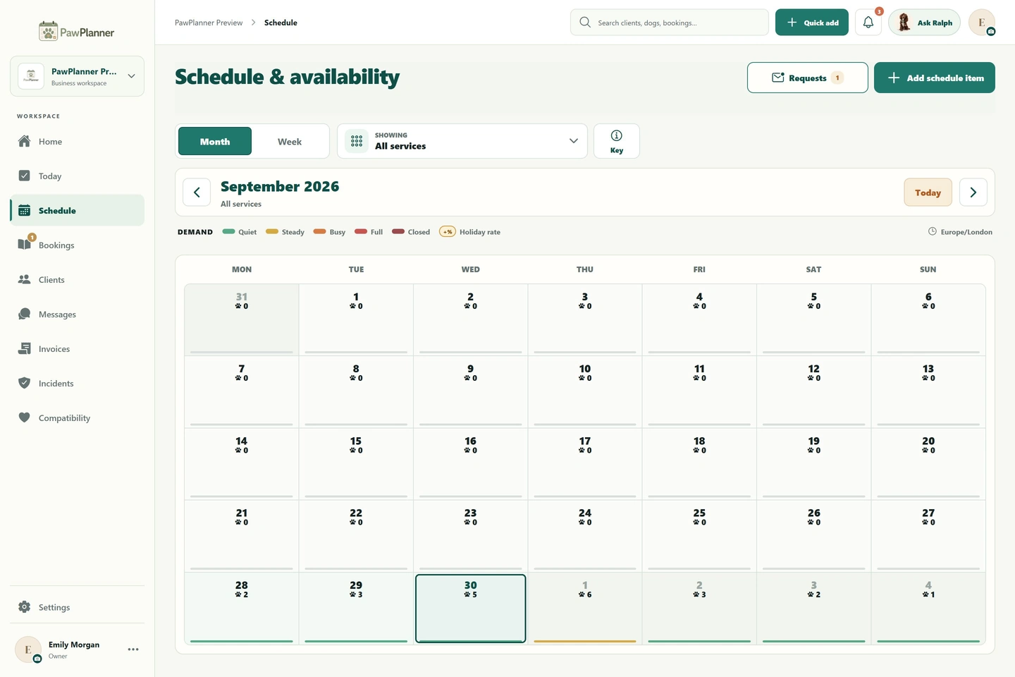 Bookings & scheduling in PawPlanner — desktop, business view, example data