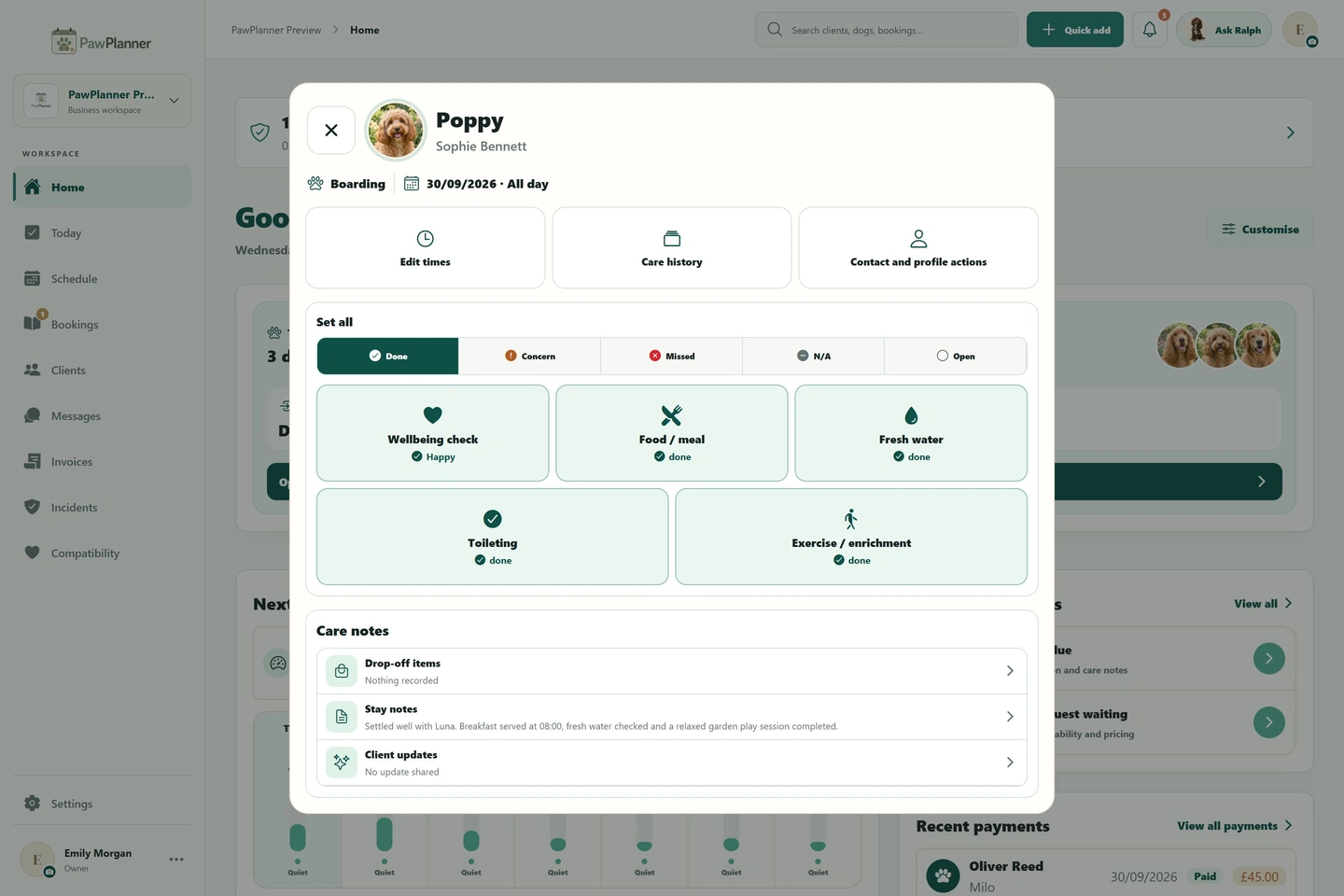 Daily care checks in PawPlanner — desktop, business view, example data
