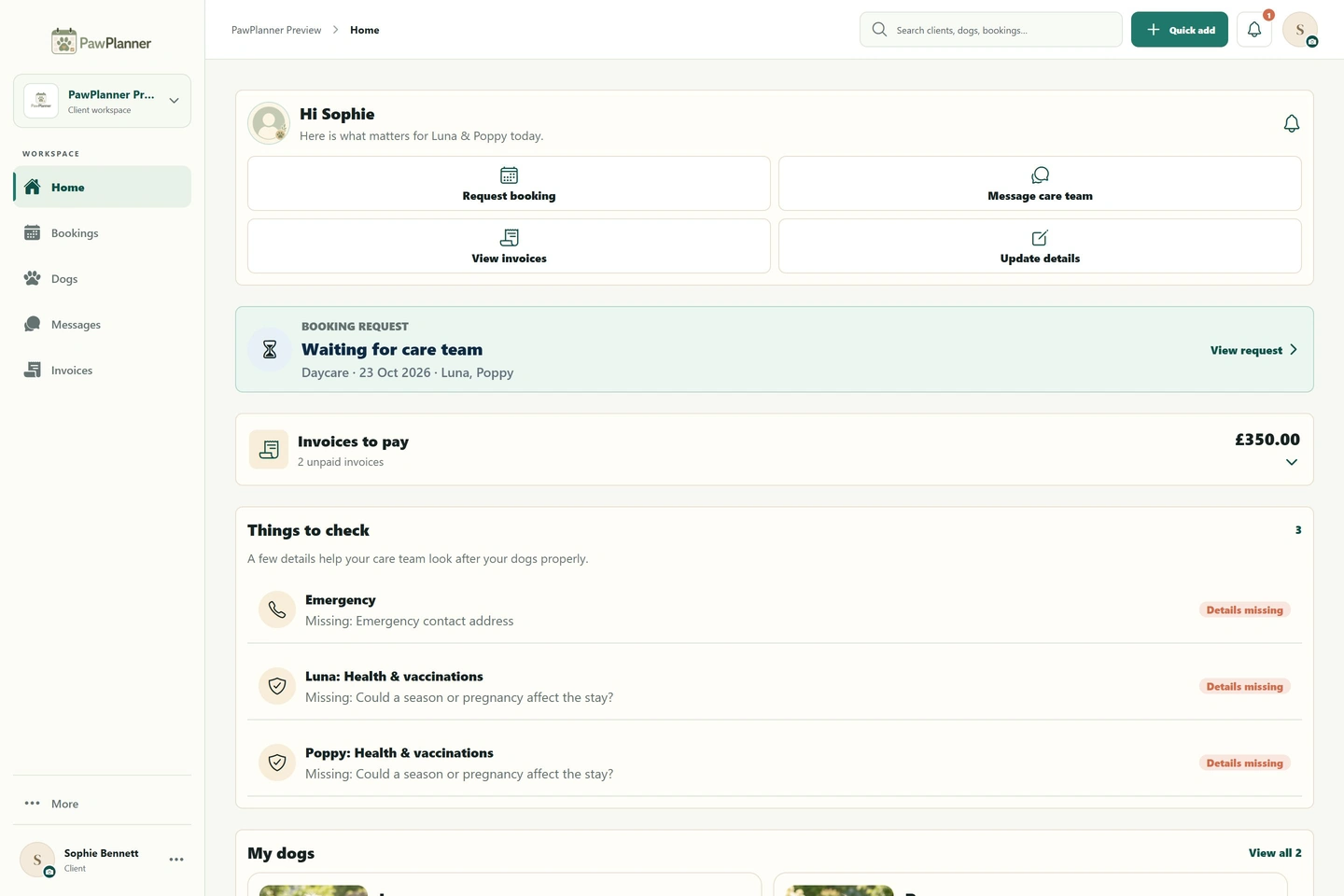 Your client’s home in PawPlanner — desktop, client view, example data