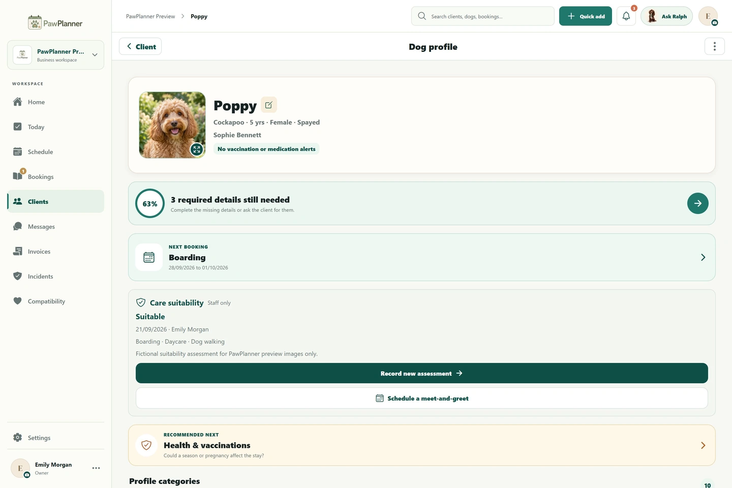 A connected dog profile in PawPlanner — desktop, business view, example data
