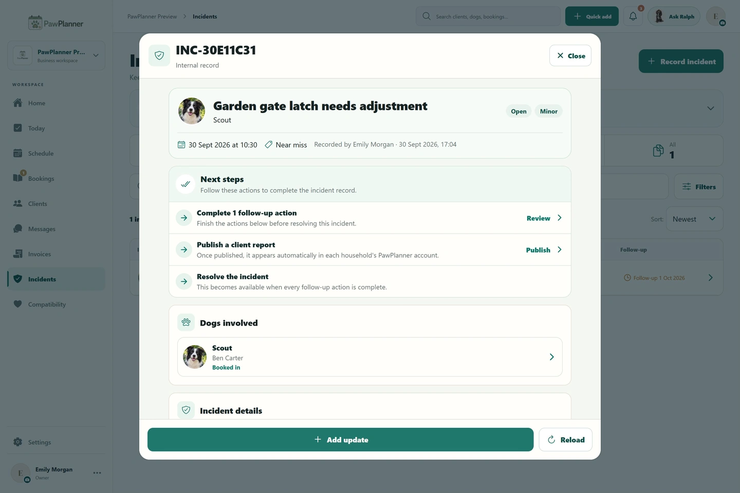 Incident follow-up in PawPlanner — desktop, business view, example data