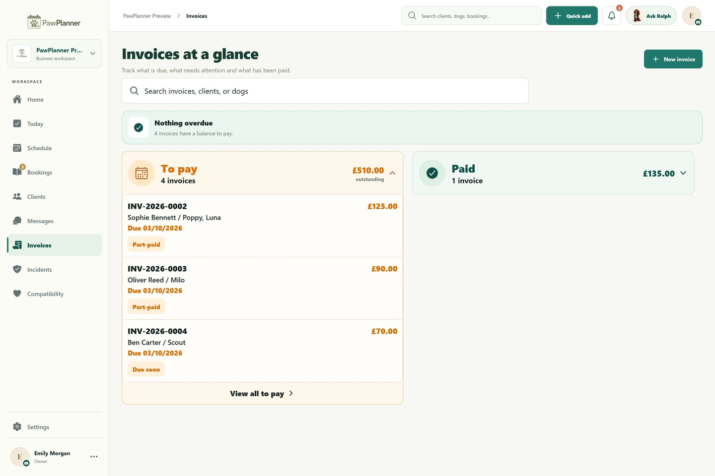 Invoices & balances in PawPlanner — desktop, business view, example data