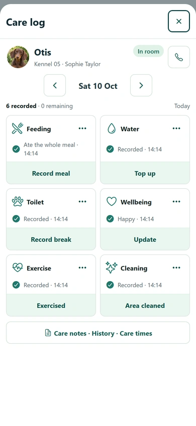 Phone care log with compact action tiles for daily care