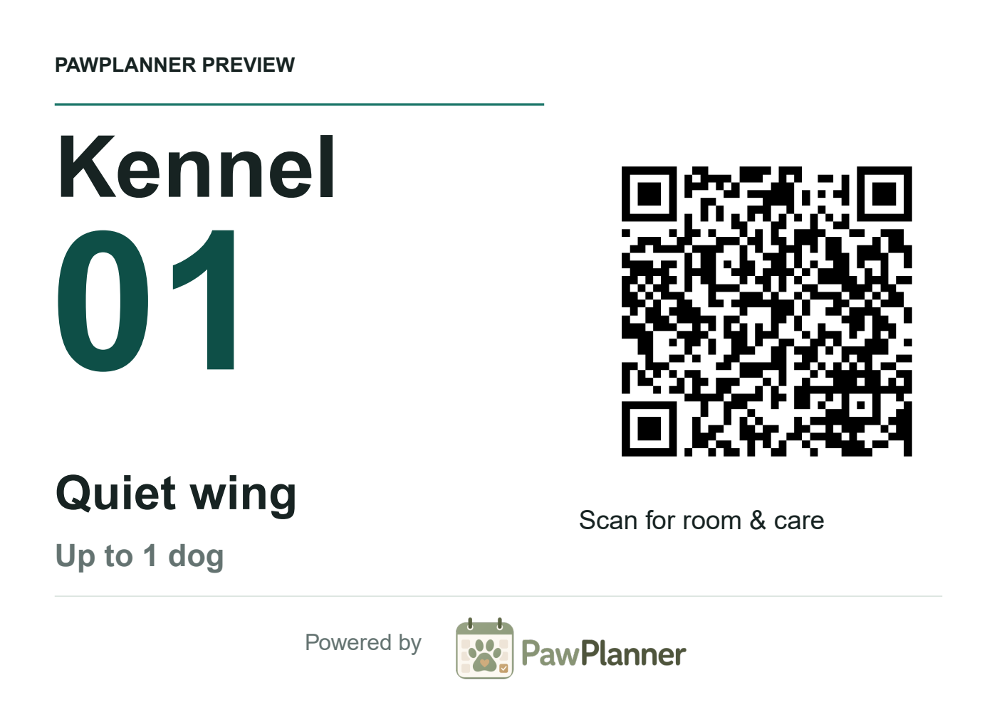 PawPlanner printable room label for Kennel 01 in the Quiet wing, with a QR code and capacity of one dog