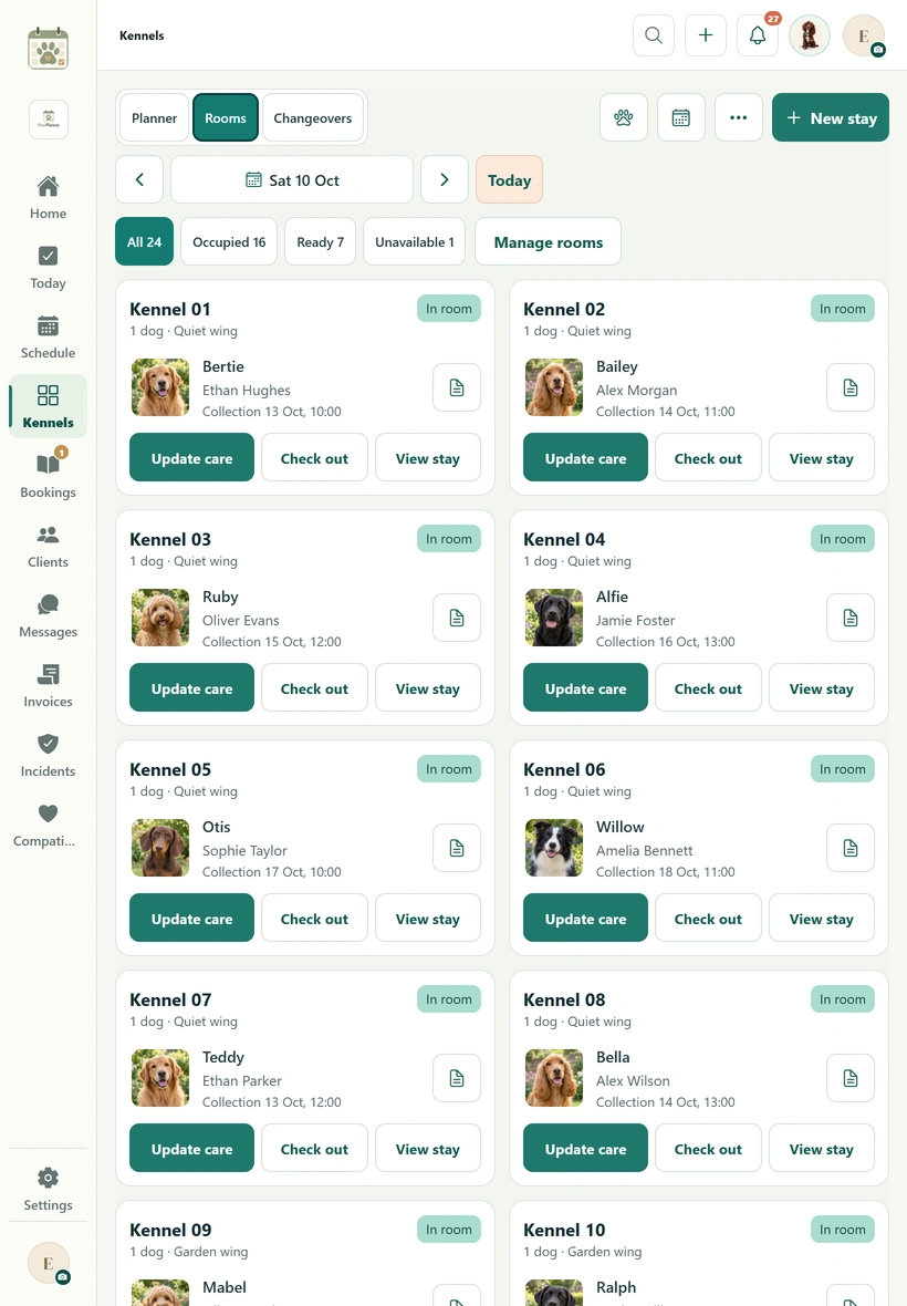 Tablet kennel room cards with care, check-out and stay actions