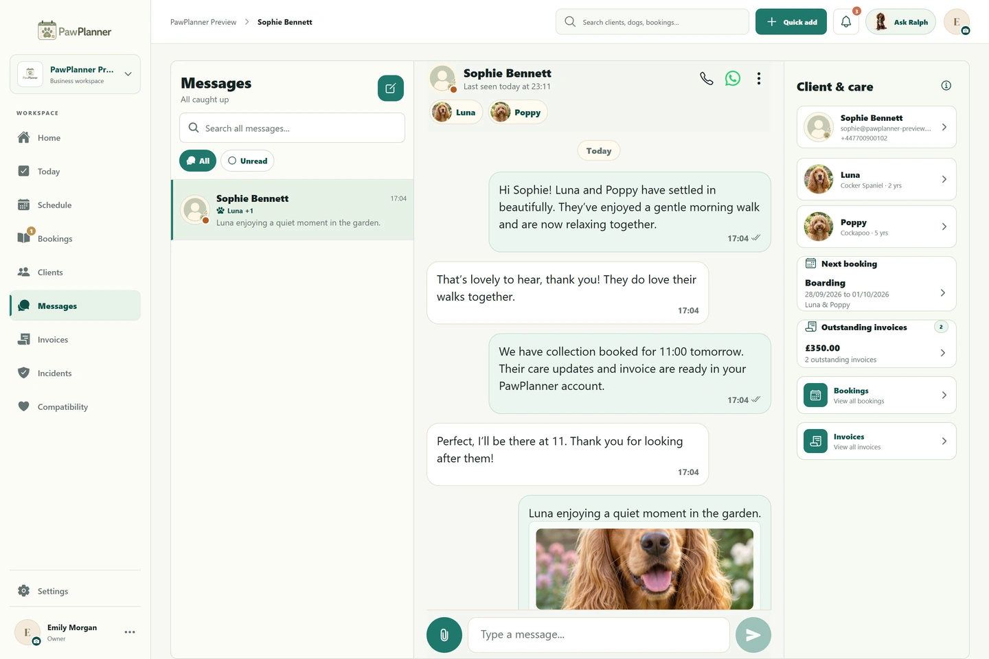 Client conversations in PawPlanner — desktop, business view, example data