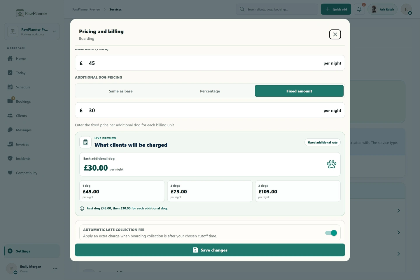 Service pricing in PawPlanner — desktop, business view, example data