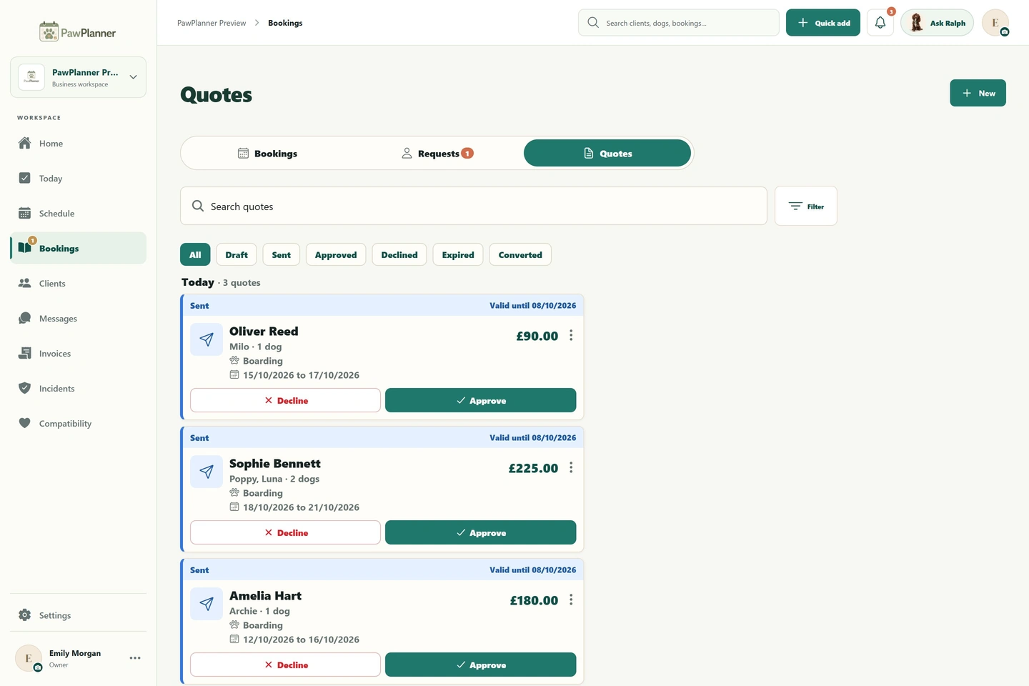 Quotes for upcoming care in PawPlanner — desktop, business view, example data