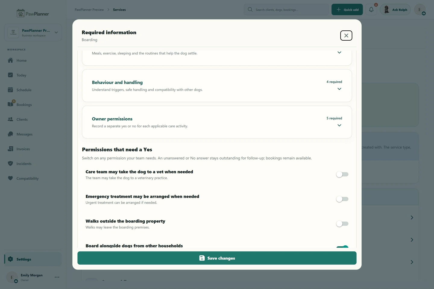Information your service needs in PawPlanner — desktop, business view, example data