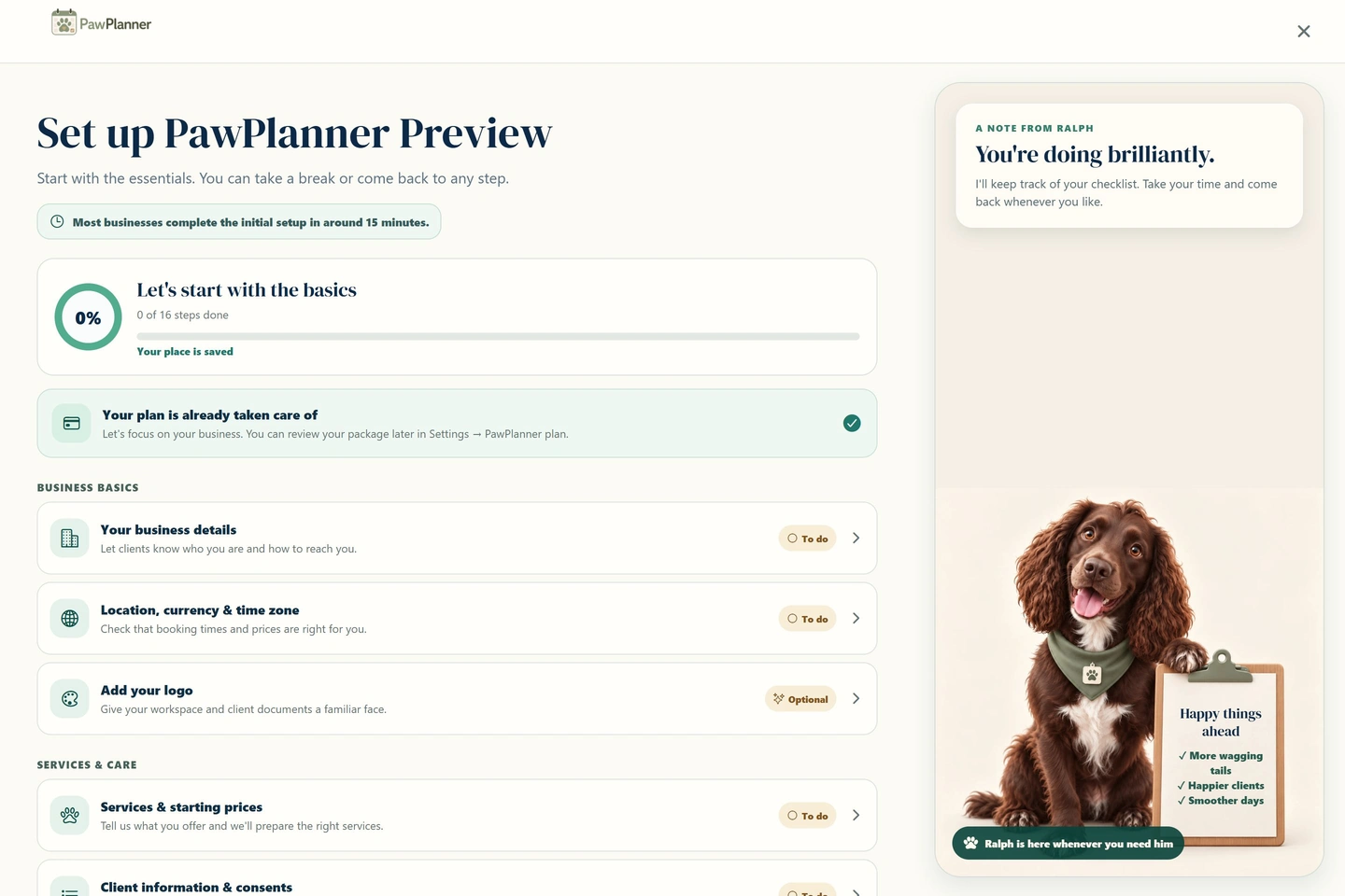 Guided business setup in PawPlanner — desktop, business view, example data