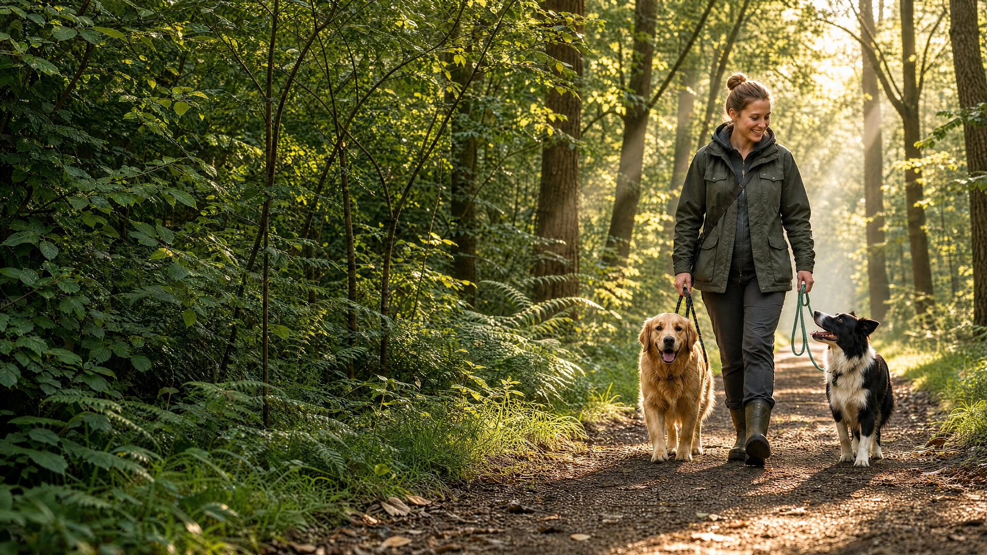 A dog carer walking a golden retriever and border collie through sunlit woodland